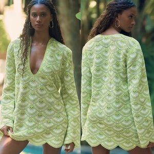 NWT Anthropologie Celandine Crochet Kaftan Cover Up Mini Dress Green XS/S